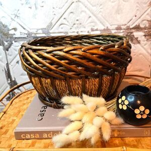 Vintage Oval Hand Woven Basket Natural Bamboo & Rope Storage Basket Rustic